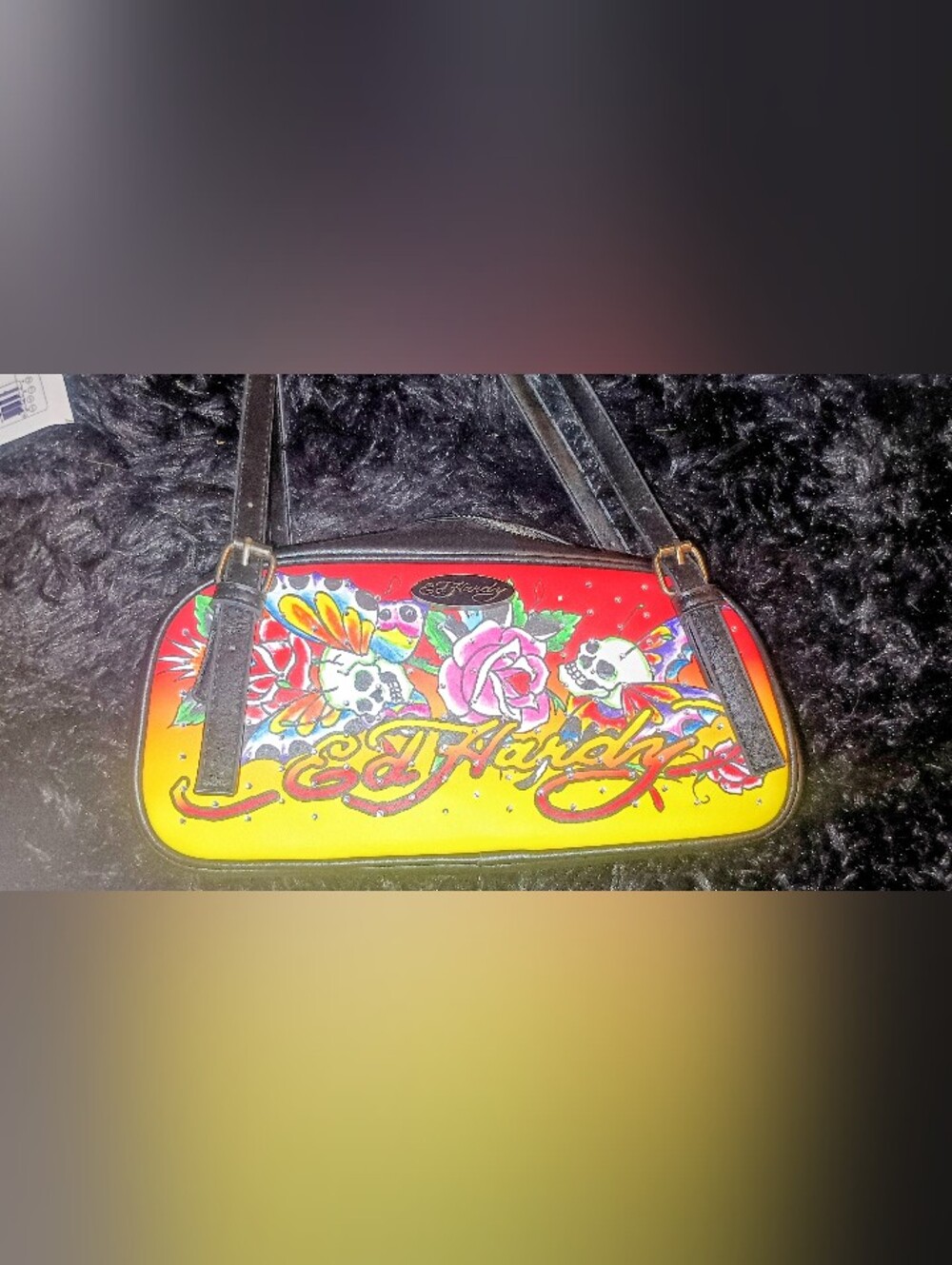 Ed Hardy Yellow-Red Floral Skull Shoulder Bag with Black Straps
